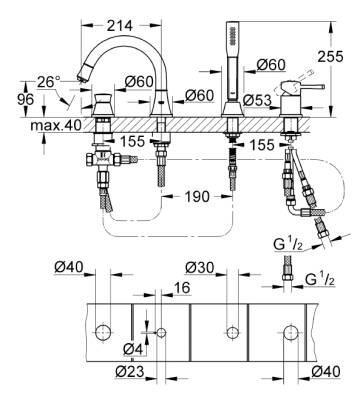 Grohe Küvet Bataryası 4 Delikli Grandera Krom - 19936000 - 2